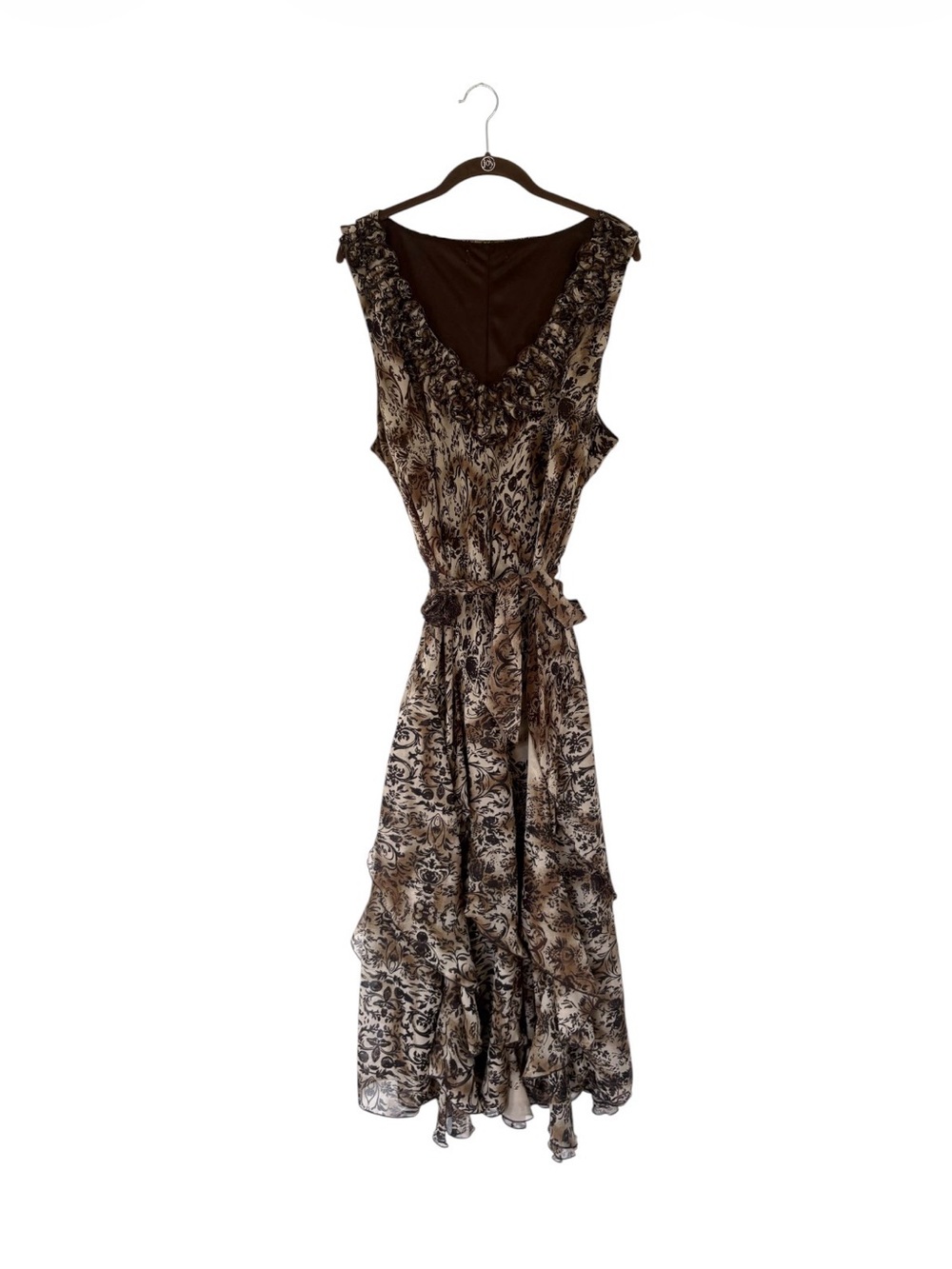 Vintage Brown Floral ruffled tiered chiffon midi dress